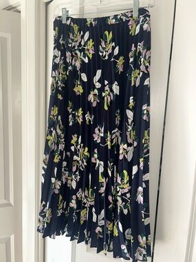 Halogen Navy Pleated Midi Skirt with Pink & Green Floral Print